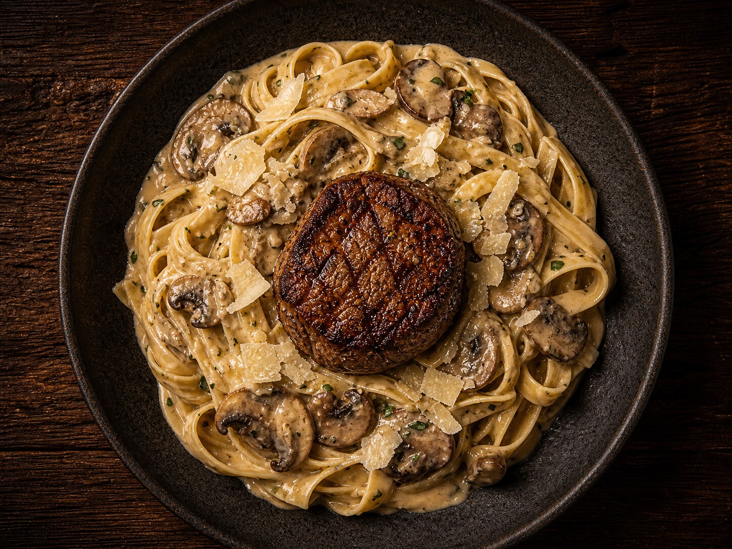 Fettuccine al funghi e mignon