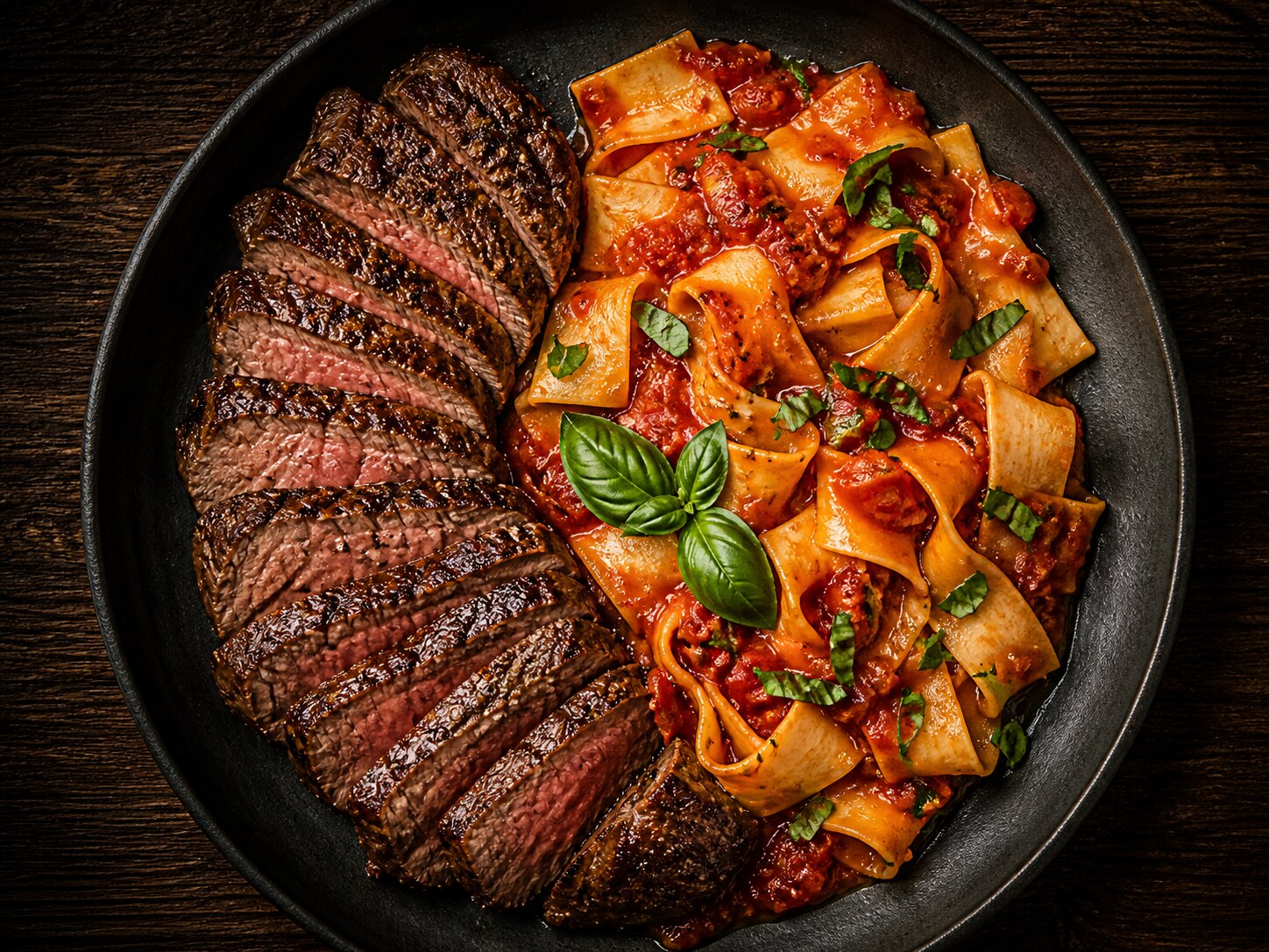 Filetto de mignon com pappardelle ao pomodoro