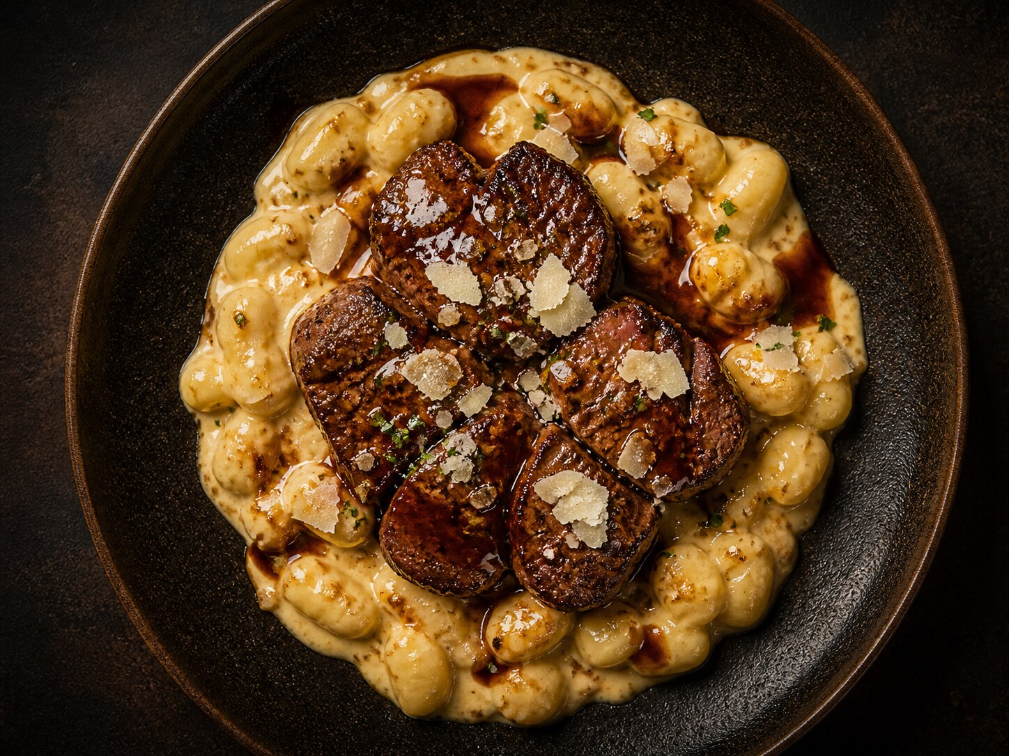 Gnocchi 4 queijos com escalope de mignon ao molho roti