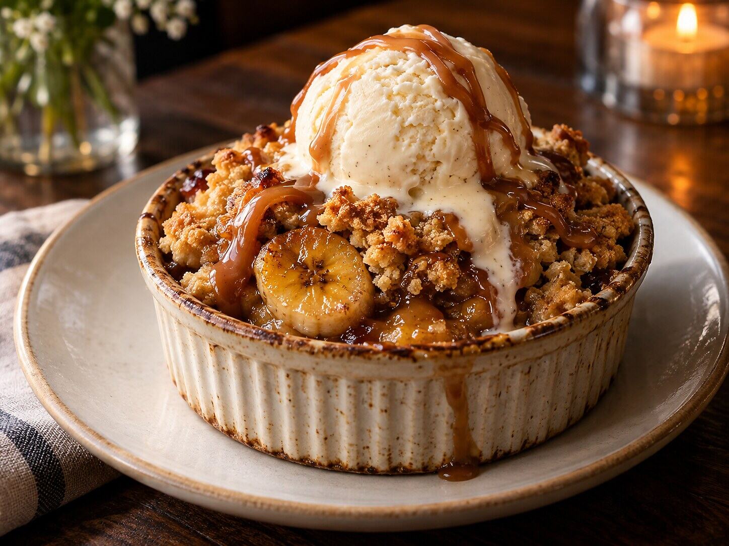 Crumble de banana com doce de leite